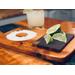 Close-up of handcrafted margarita salt tray with ‘It’s margarita time!’ engraving, a salt well, and removable walnut end-grain cutting board